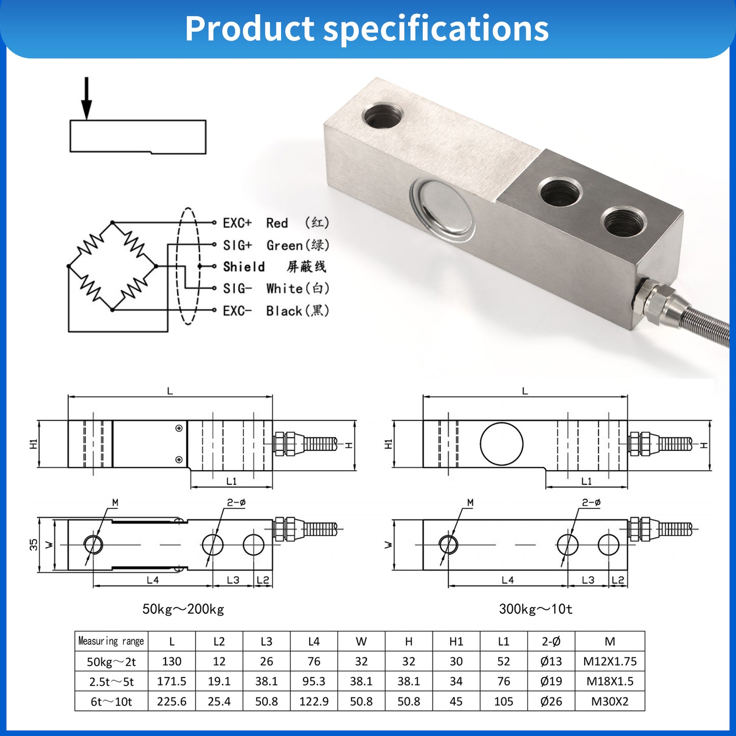 Sensor de celda de carga tipo viga Rango 3-5T 171 mm*38,1 mm - A3X1