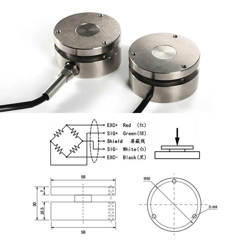 Sensor de celda de carga tipo fuelle, rango de medición de 10 kg a 5 t, Φ58 mm x 30 mm - A1M3