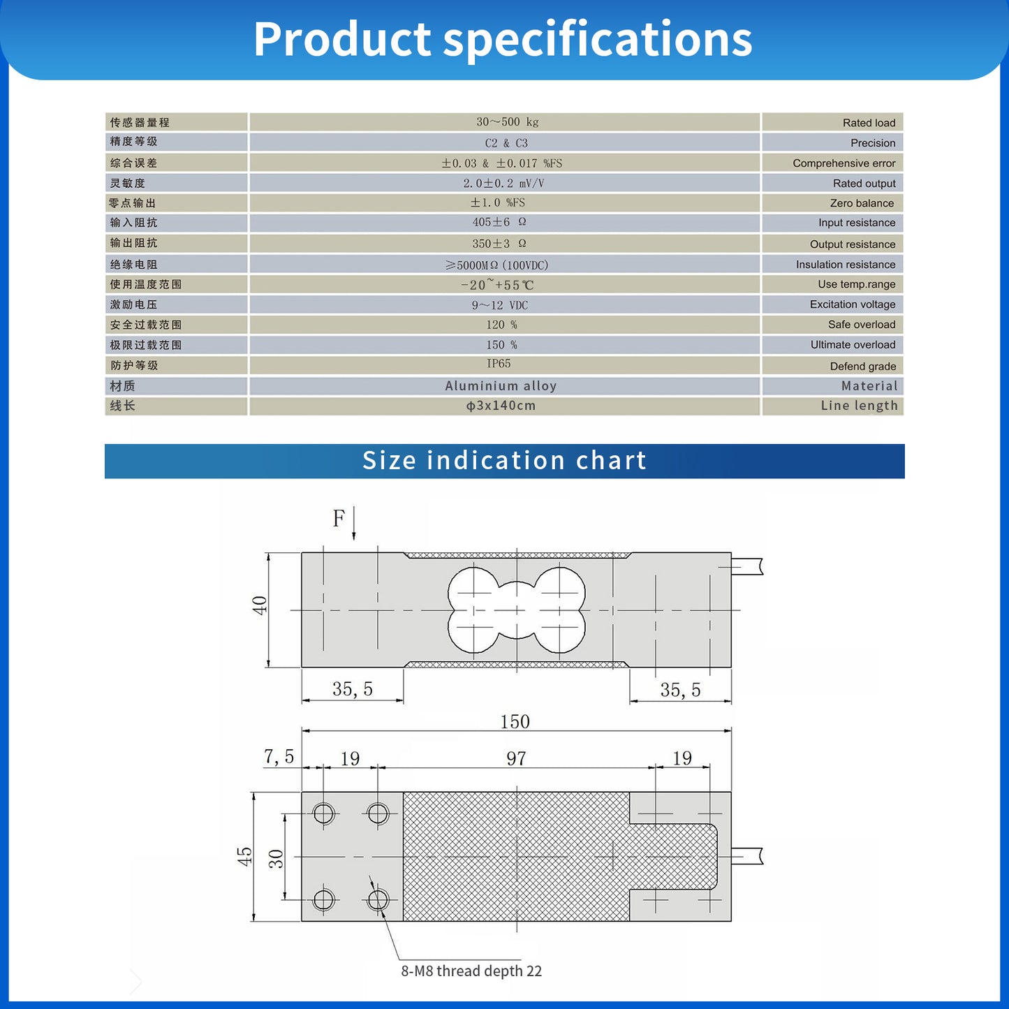 A6L2 - Beam Type Load Cell Scale Sensor Range 100-350KG -150mm*40mm*35mm