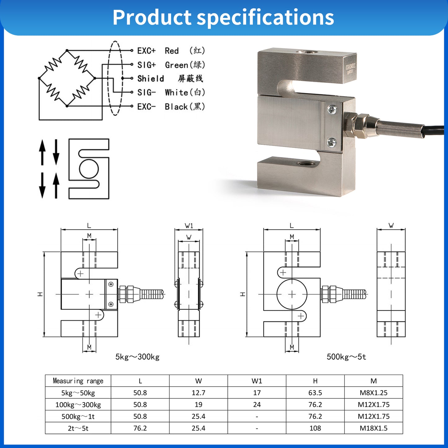S-Type Load Cell Sensor Range 5kg - 5T - A1S3