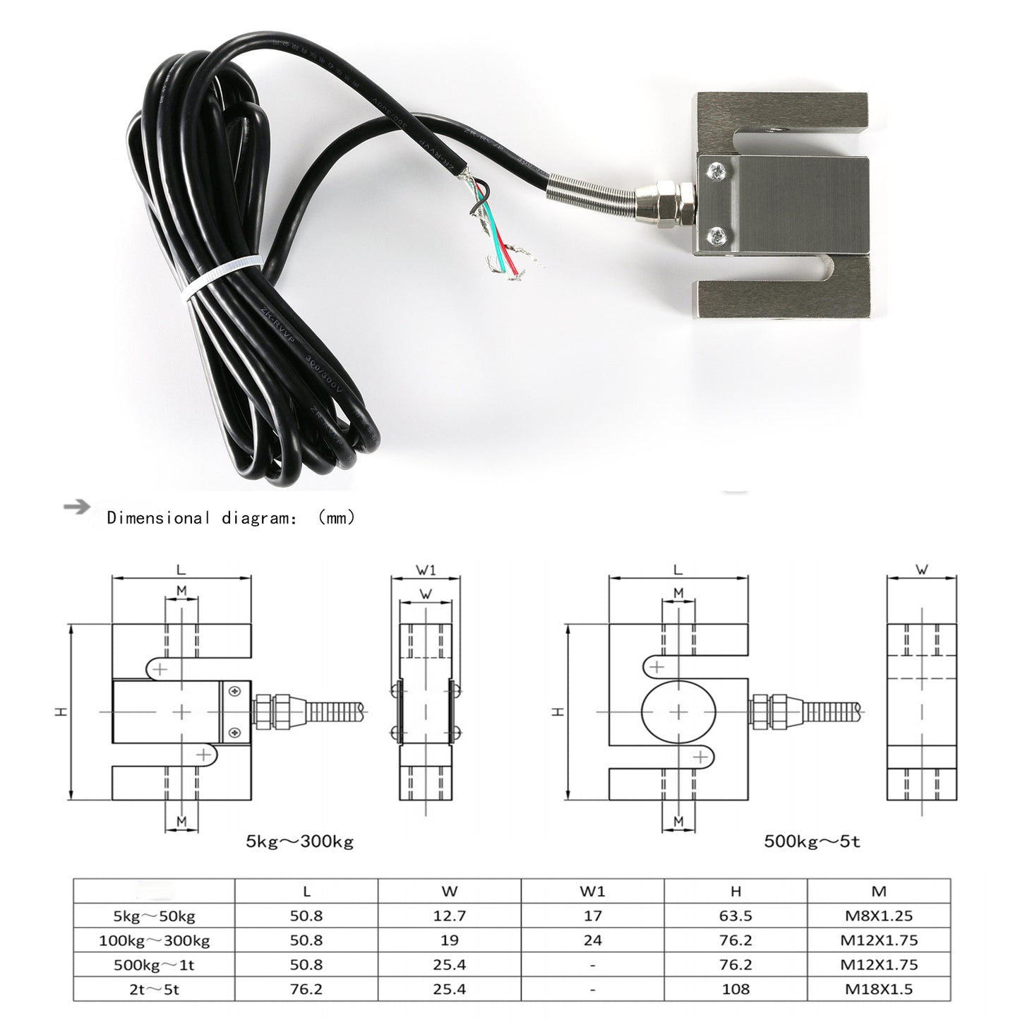 Sensor de celda de carga tipo S, 108 mm x 76,2 mm x 25,4 mm, rango de 2 a 5 T - A1S3