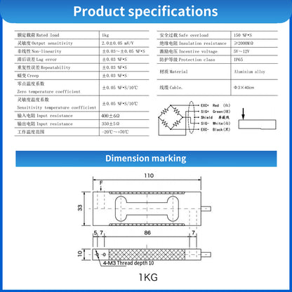 Mini Beam Type Load Cell Scale Sensor Range 0-1kg 110mm*33mm*10mm - A6L1
