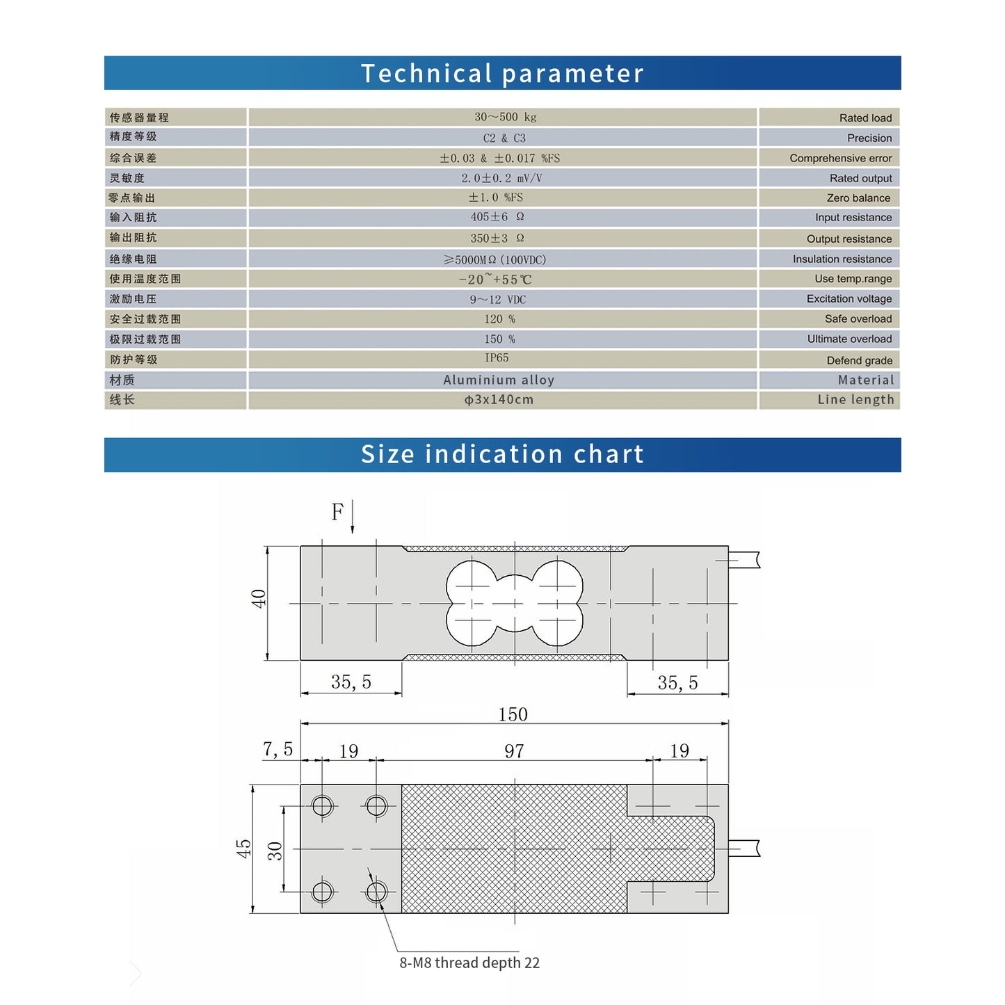 Beam Type Load Cell Sensor Range 0-200kg  150mm*45mm*40mm - A6L3